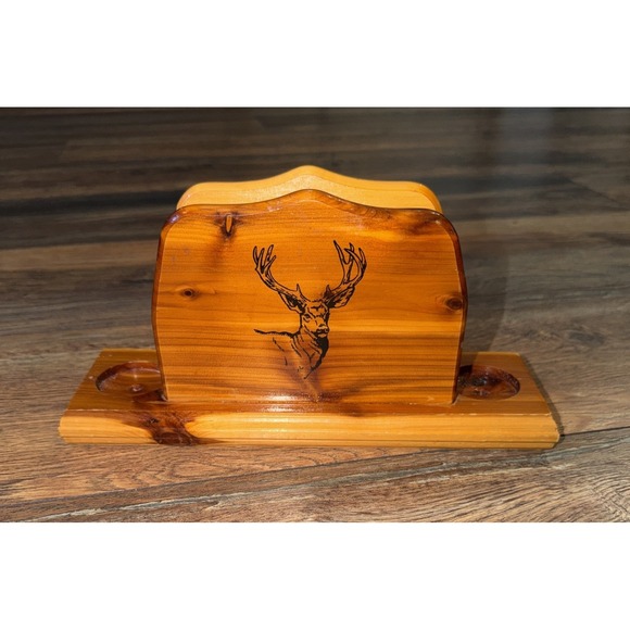 The Unbranded Brand Other - Vintage Wood Hand Carved Stag Deer Shellac Napkin Salt  & Pepper Shaker Holder